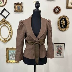 Vintage Betsey Johnson Brown Puff Sleeve Blazer with Olive Bow Belt